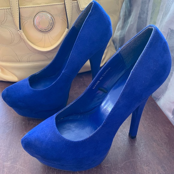 blue suede high heel shoes